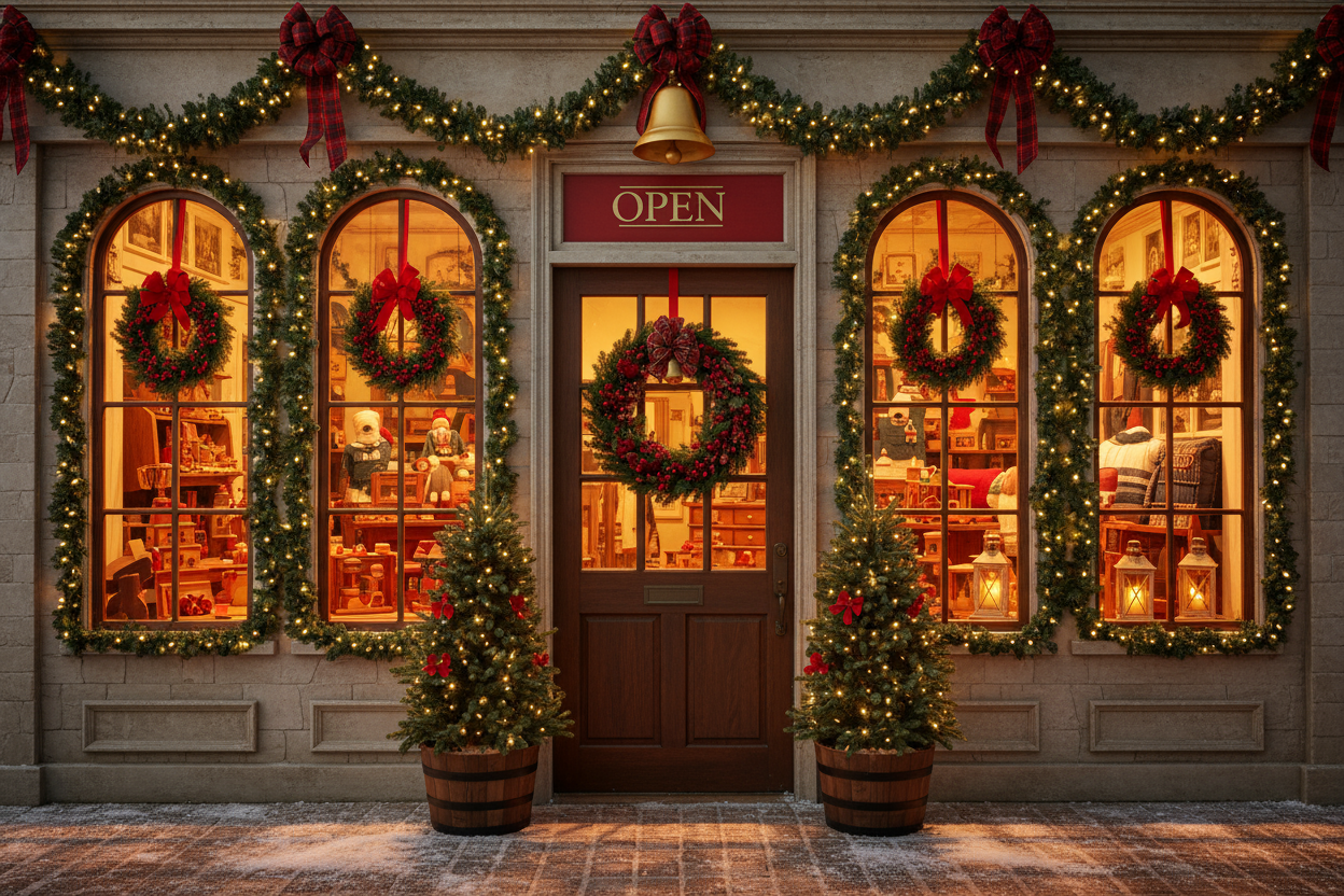 front of a store decorated for christmas with small trees, wreaths, garlands, lights